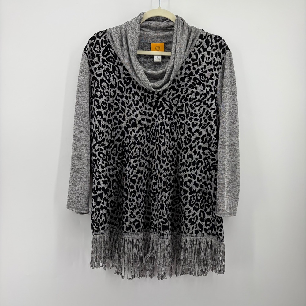 Ruby Rd‎ Womens Large Grey Leopard Print Cowl Neck Fringe Hem Tunic Top
